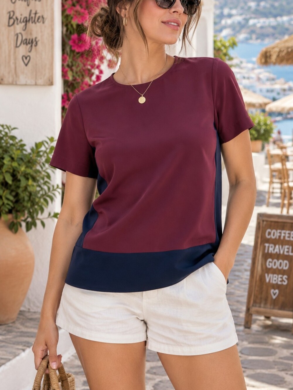 Banana Republic Burgundy and Navy Colorblock Short Sleeve Top size S